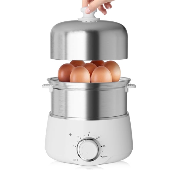 KEINVE Electric Egg Cooker and Steamer, 14 Capacity Double-Layer Stainless Steel Egg Maker with 30-Min Timer, 350W Rapid Hard Boiled Egg