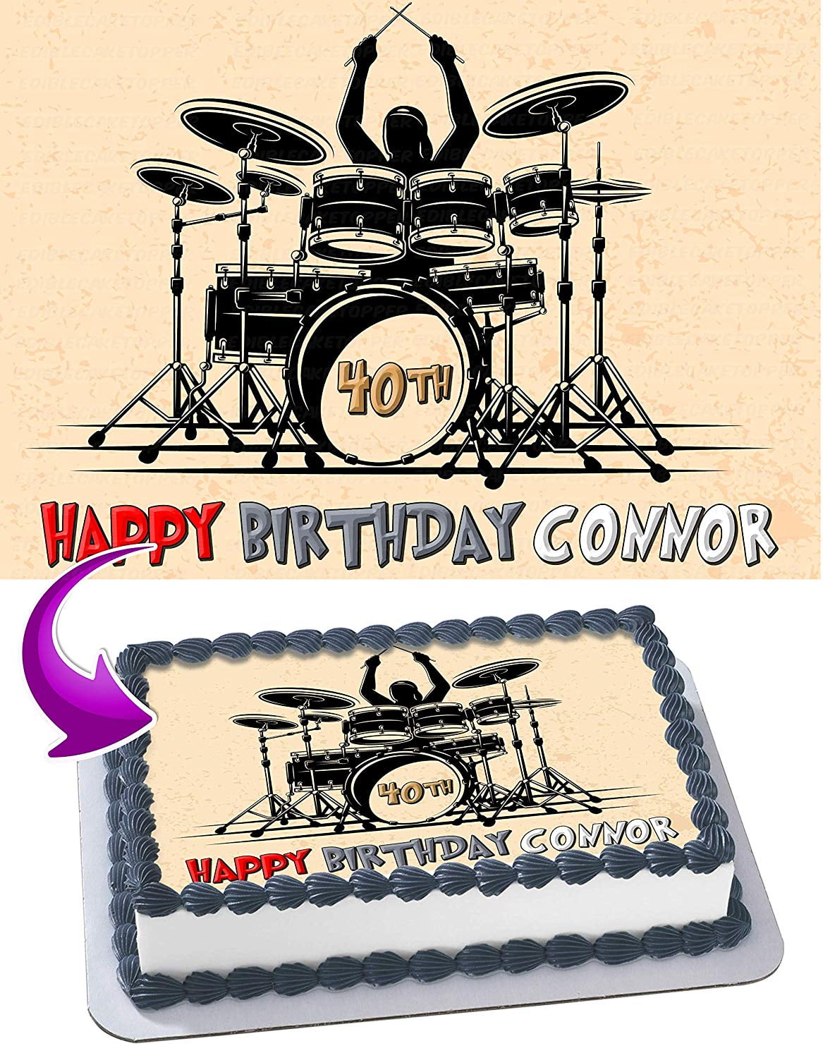 Personalised Blue Drum Kit Drums Music Edible Icing Birthday Party Cake Topper 