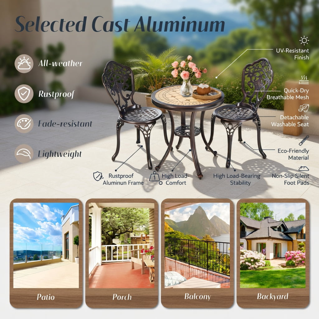 Hommoo 3-Piece All-Weather Cast Aluminum Patio Bistro Set in Copper Finish, Rust-Resistant Outdoor Table & Chairs for Porch, Backyard, Poolside, Brown