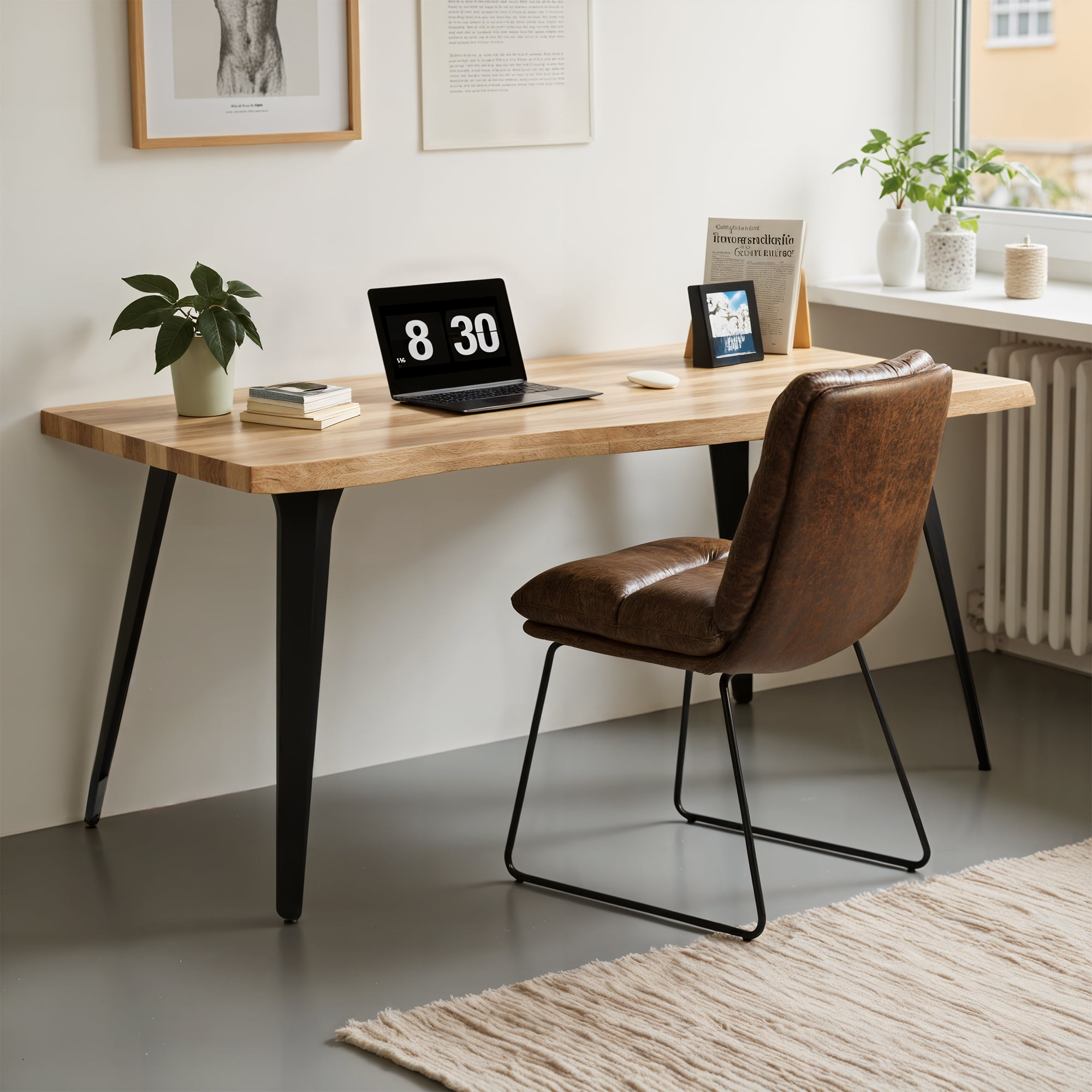 Ensemble de salle à manger industriel Homy Casa 160 cm pour 4 personnes, table en imitation noyer et chaises en similicuir brun