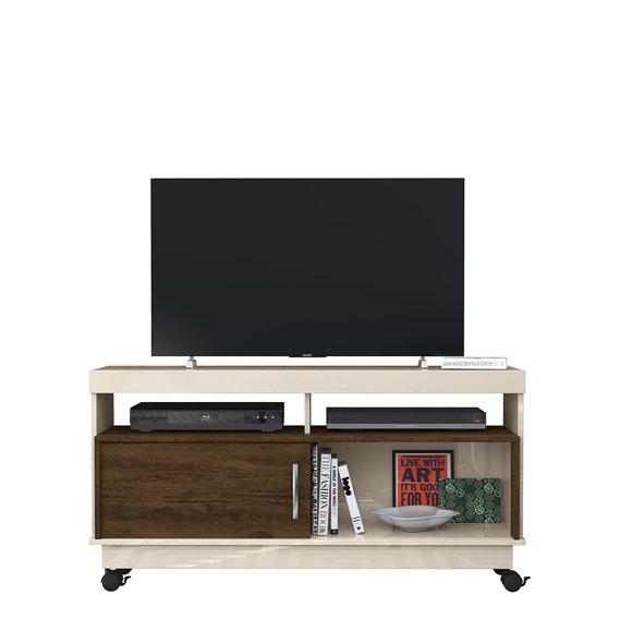 Moveis Mueble para TV Moderno de hasta 42” Modelo Lassa con Puerta Corrediza Nichos para Decoración y Ruedas de Silicona - Mesa para Televisor Minimalista Color Off White / Savana