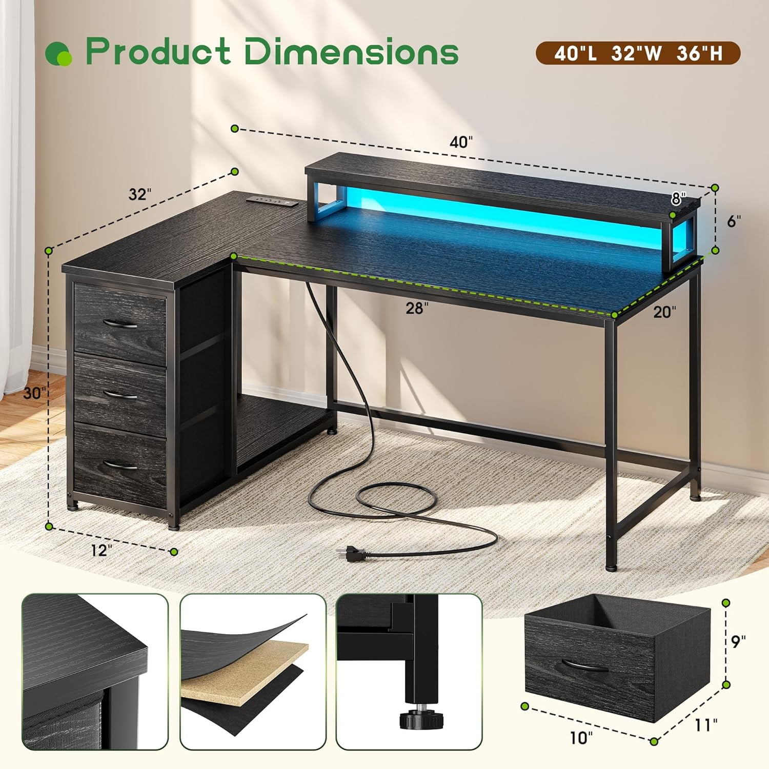 Gaming Desk with LED Lights & Power Outlet, 40Inch L Shaped Computer Desk with Drawers, Small Desk Home Office Desks with Monitor Stand for Gaming,Study Room,Home Office,Bedroom,Black