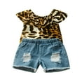 thumbnail image 1 of Toddler Girls 2Pc Summer Clothes Leopard Print Ruffle Tops + Denim Shorts Little Girl Outfit Set, 1 of 6