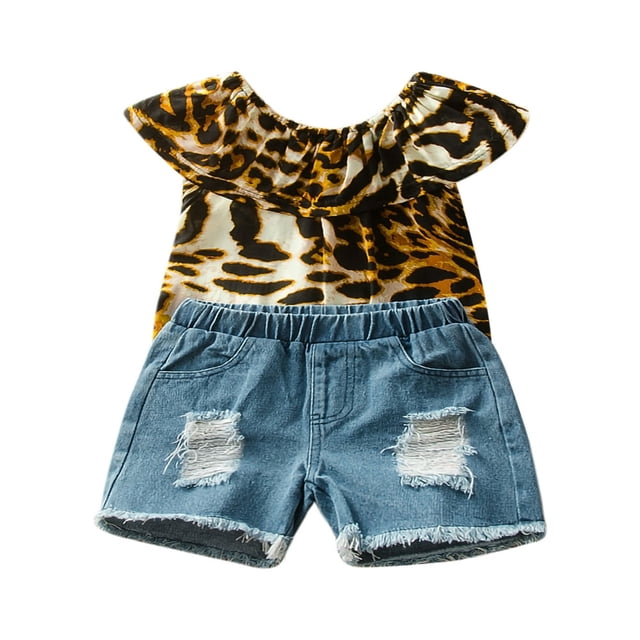 Toddler Girls 2Pc Summer Clothes Leopard Print Ruffle Tops + Denim Shorts Little Girl Outfit Set
