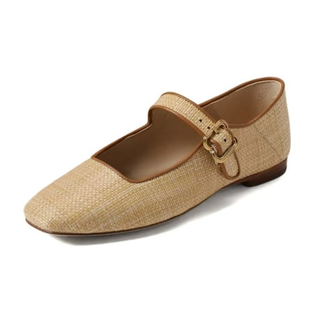XYD Women Comfy Square Toe Mary Jane Flats Single Strap Buckled Daily Casual Shoes Size 10.5 Beige Raffia Woven
