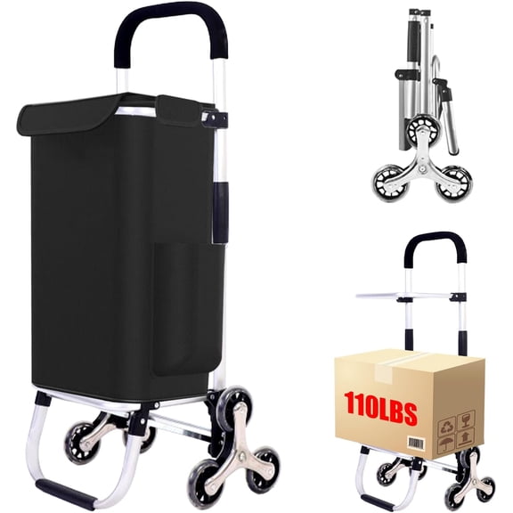 2 in 1 Shopping Cart for Groceries, 110 lbs Grocery Cart on Wheels, Foldable Shopping Cart with 6 Wheels, Load-Bearing Hand Truck with Black Waterproof Bag for Shopping, Camping, Garden