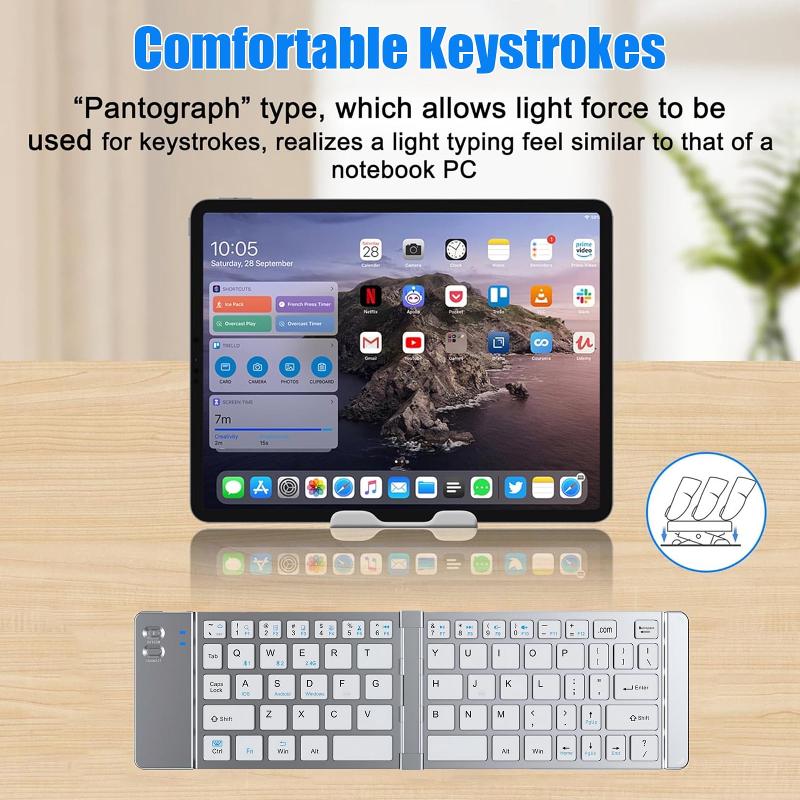 RONY Foldable Wireless Bluetooth Keyboard & Mouse Combo: Rechargeable Portable Travel Keyboard for Phone Laptop Mac Desktop (Silver)