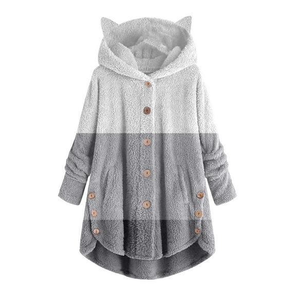 Women Coats and Jackets Clearance Women Button Plush Tops Hooded Loose Cardigan Solid Color Patchwork Coat Jacket