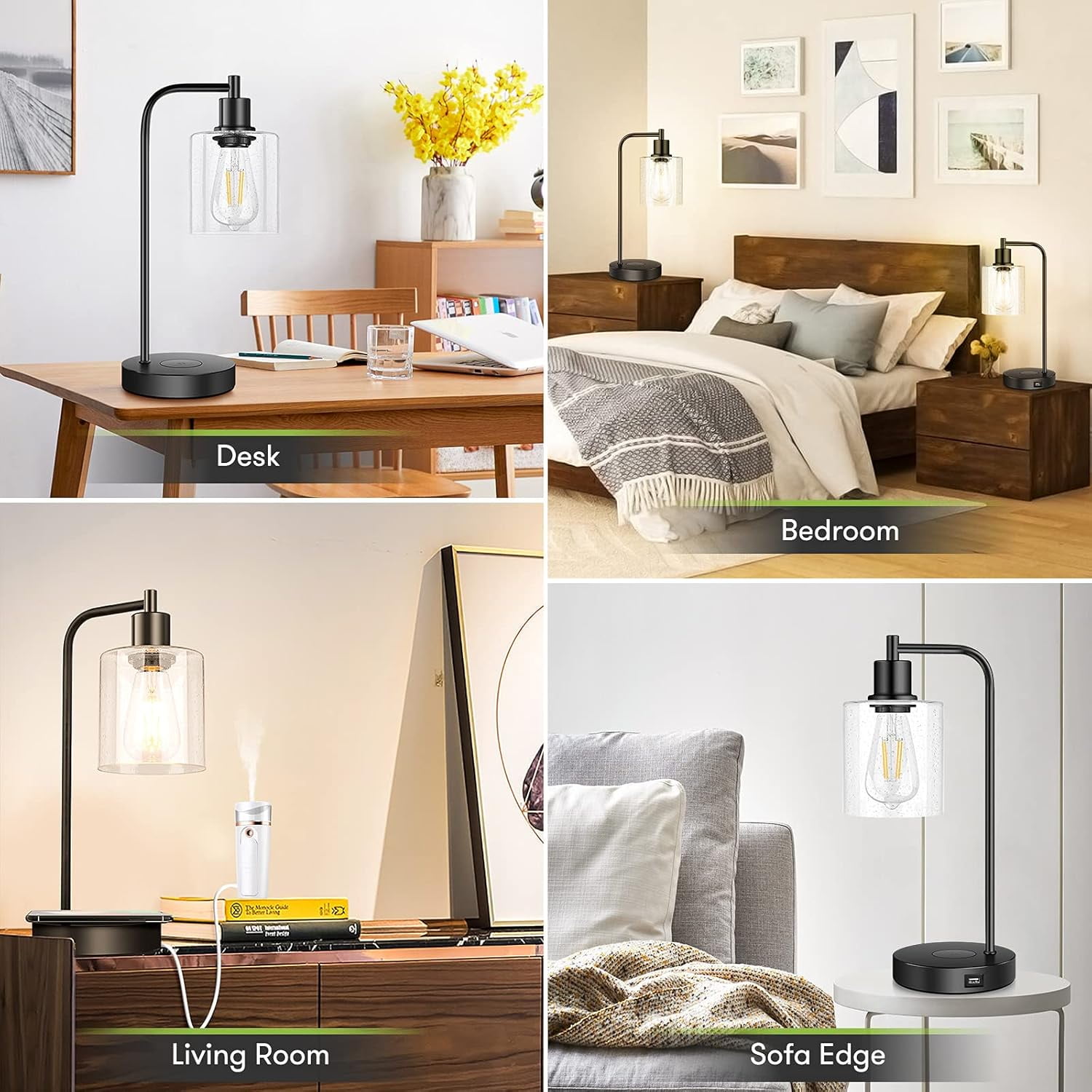 Set of 2 Wireless Charging Industrial Table Lamp, Black