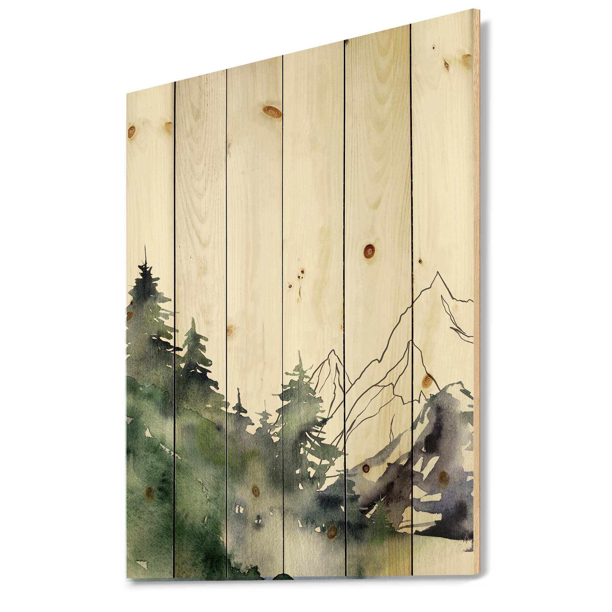 Designart 'Trees With Winter Dark Blue Mountain Landscape III' Modern Print on Natural Pine Wood