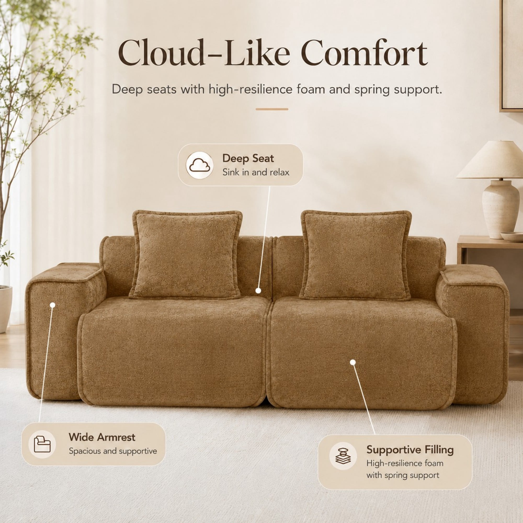 DEALTOPS 79" Modern Velvet Cloud Couch, 2-Seater Modular Loveseat with 2 Pillows, Brown