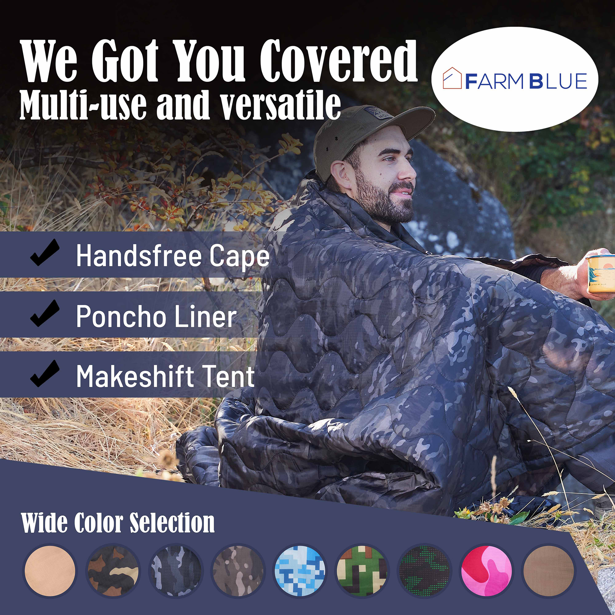Farm Blue Camping Blankets - Light, Water-Resistant, Puffy, Travel Blanket -Camping Blanket for Hiking, Backpacking, Picnic, Beach, Car, and  Sports – 82” x 57” Survival Gear - Black Camo