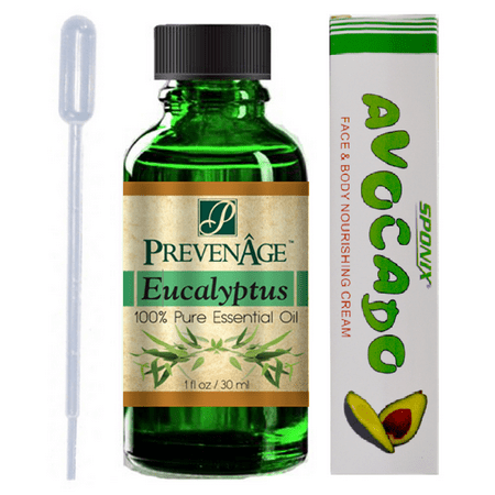 Prevenage Eucalyptus Essential Oil ( 1 fl oz - 30 ml) - High Quality Aromatherapy and Therapeutic Grade Oil - Includes FREE Pipette and Avocado Cream - 100% Pure and Natural