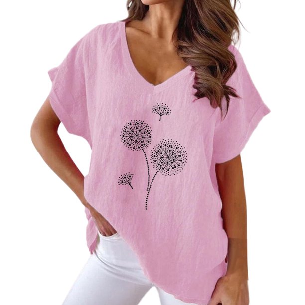 Gibobby Casual Playera de Manga Corta para Mujer Estampado floral cuello en V algodón casual murciélago manga corta camiseta mujer(Rojo,M)