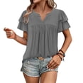 thumbnail image 4 of Camisetas Casuales de Manga Corta de las Mujeres con Cuello en V, Cuello Redondo, Color Sólido Blusa Ligera de Poliéster, 4 of 8