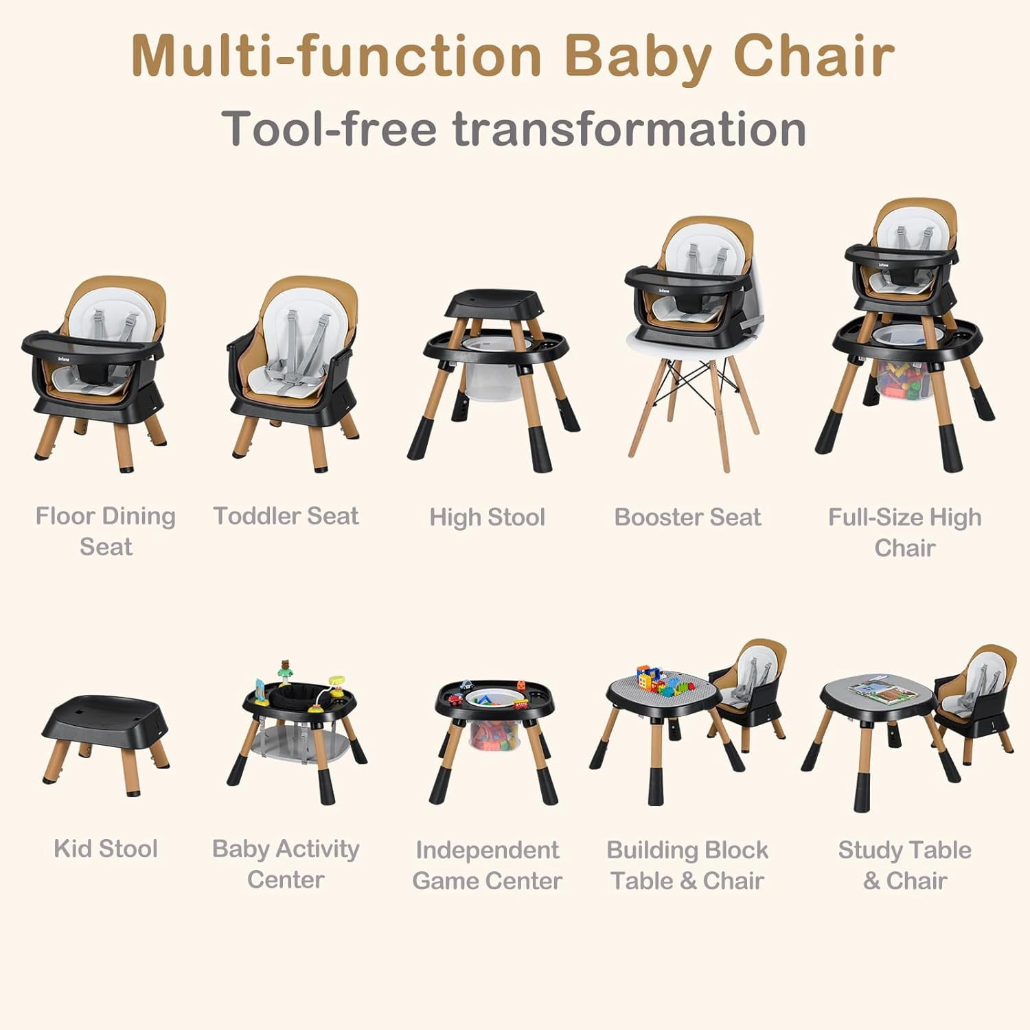INFANS 9 in 1 High Chair, Convertible Baby Highchair for Babies and Toddlers, Table and Chair Set Building Block Infant Dining Booster Seat, Kids Stool with Activity Children Play Kitchen