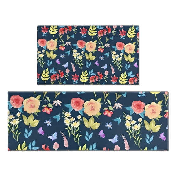 Pioneer Flower Floral Print Pattern Kitchen Rugs Sets Of 2,Anti Fatigue Kitchen Mat Rugs Non Slip Washable,Decorative Kitchen Floor Mats for Kitchen,Sink,Laundry,17"x30" 17"x47"