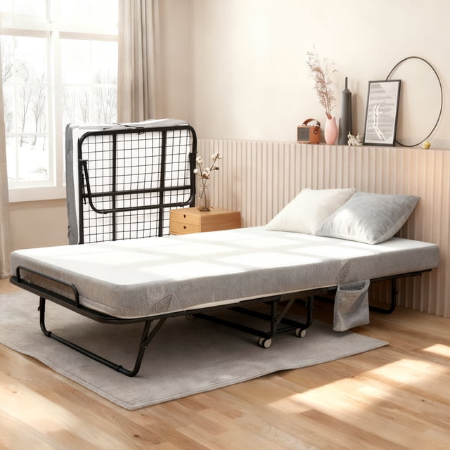75x31 Inch Heavy Duty Roll Away Folding Bed with 5 Inch Memory Foam Mattress, 450 lbs Portable Guest Bed with Lockable Wheels and Side Pocket for Home Office Camping