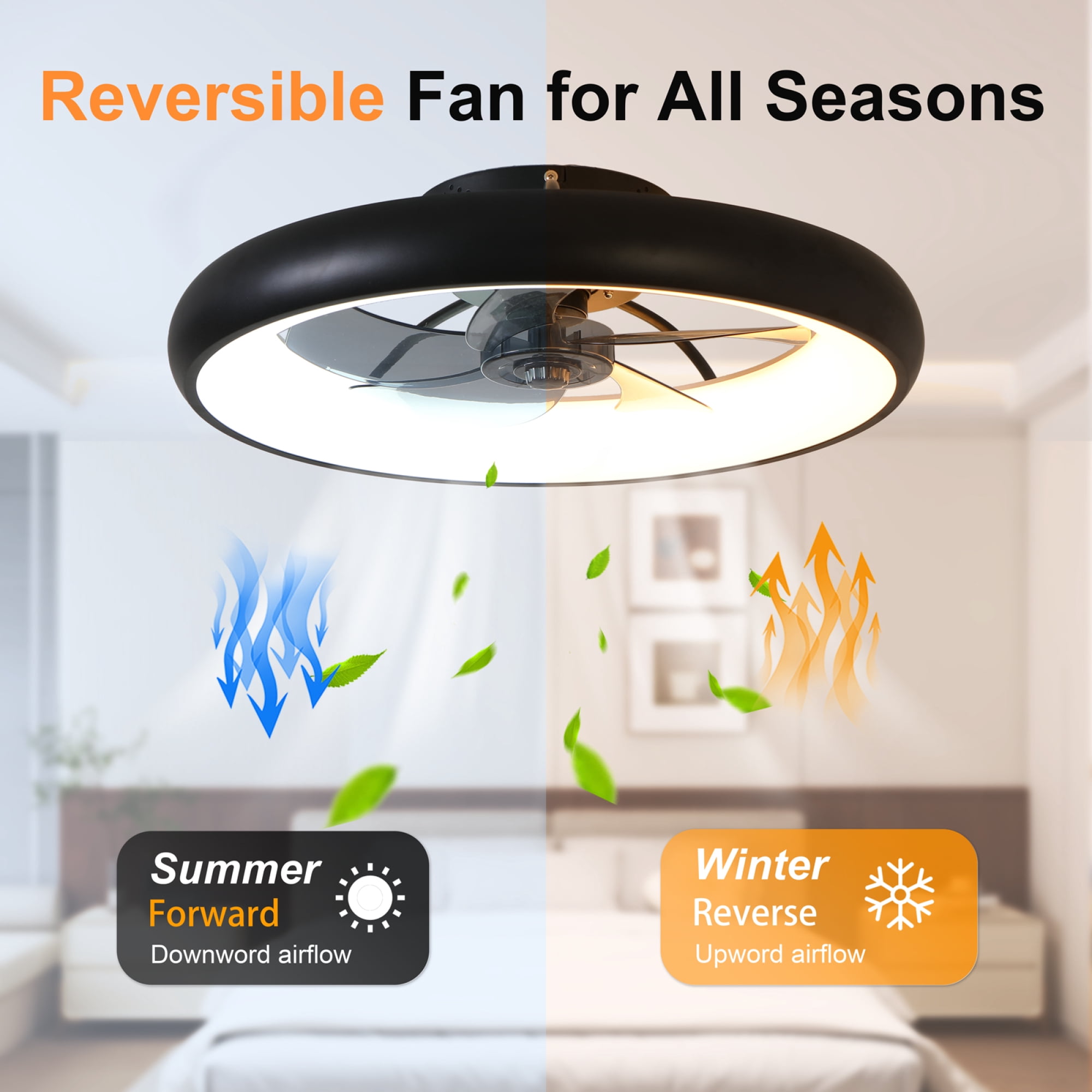 Leumius 21.7" Black Ultra-Thin Ceiling Fan with Light, 6-Speed Reversible Fandelier, 3-Color Temp Dimmable, Remote & APP Control, Silent Motor for Bedroom Living Room
