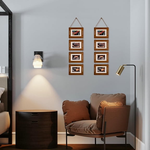 5x7 Hanging Collage Picture Frames Wall Decor, 4-Opening 5x7 Matted to 3.5x5 Photo Rustic Wood Frame with Hemp Rope, 2 Pack, Dark Walnut