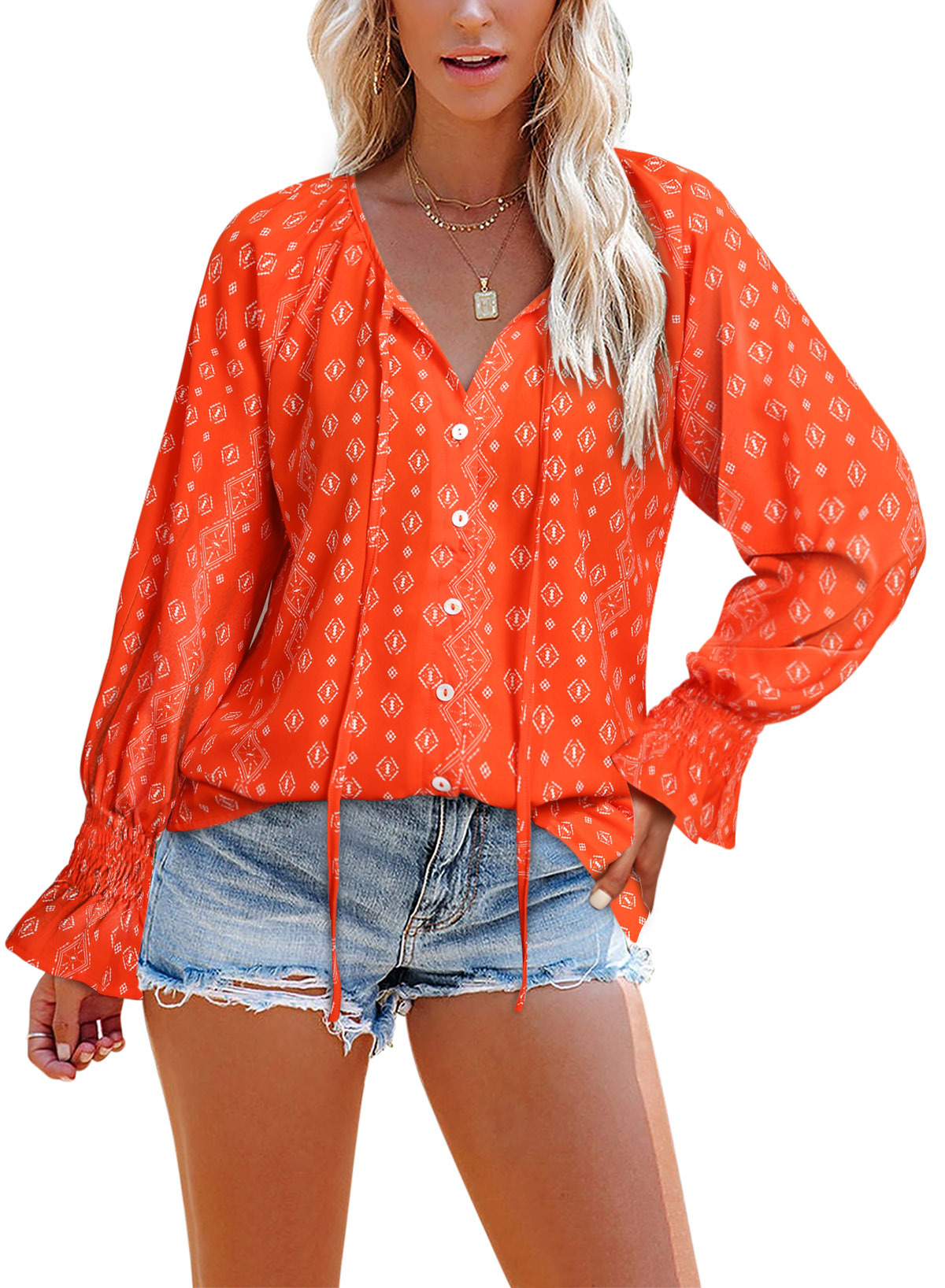 Asvivid Womens Casual Long Sleeve Blouses Boho Floral Print Drawstring