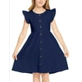 thumbnail image 6 of Arshiner Girls Navy Dress Casual Midi Solid Dress Flutter Sleeve Holiday Sundresses for Summer, 6 of 7