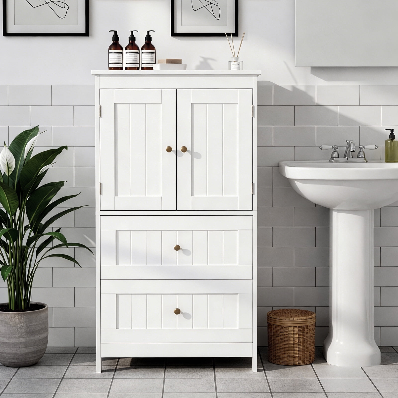 Ktaxon Bathroom Floor Storage Cabinet, Freestanding Cabinet with 2 Doors 2 Drawers, Adjustable Shelves, White