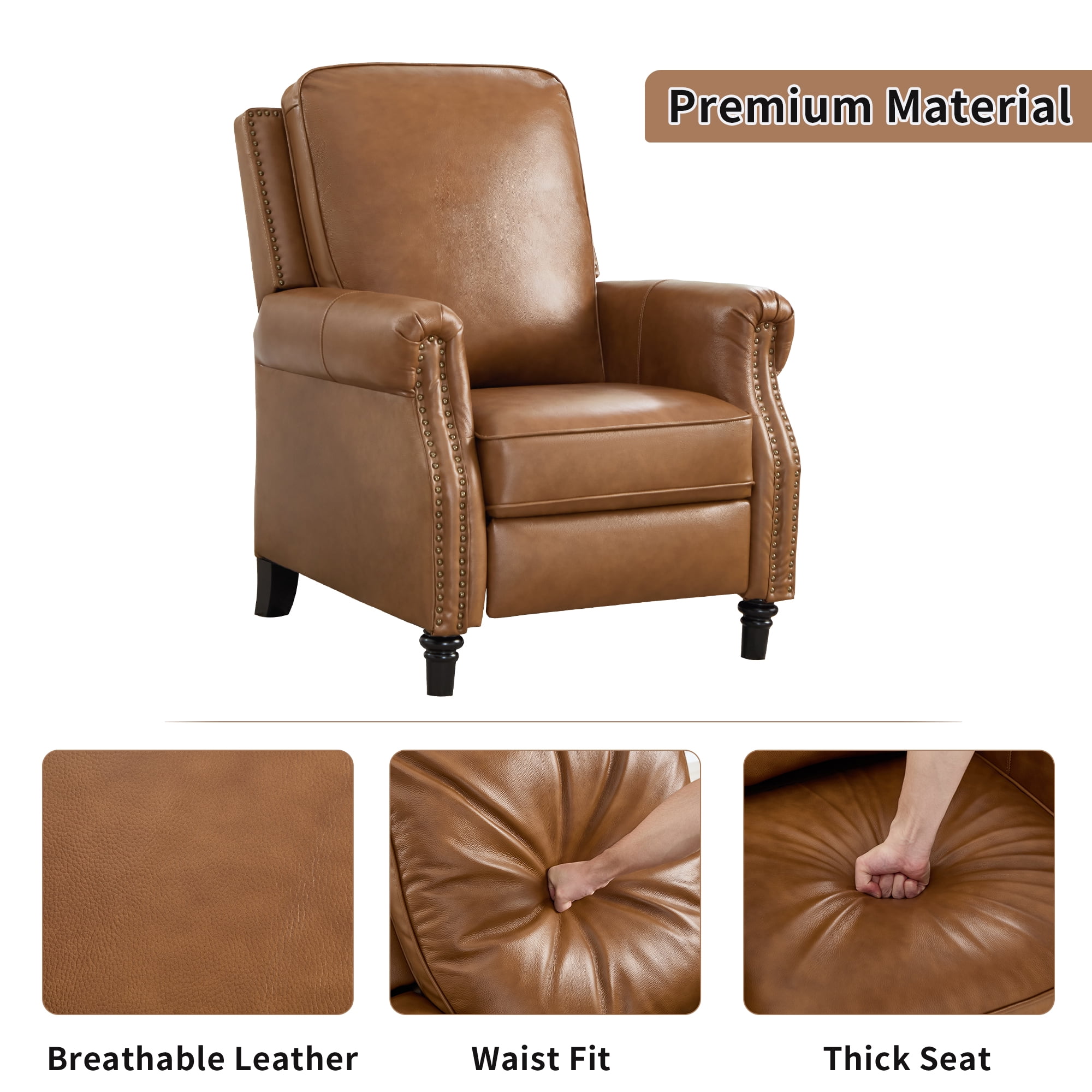 Ebello Genuine Leather Push Back Recliner Chair, Wingback Reclining Chair with Padded Seat & Rivet Decoration, Single Sofa for Living Room, Apartment (Brown)