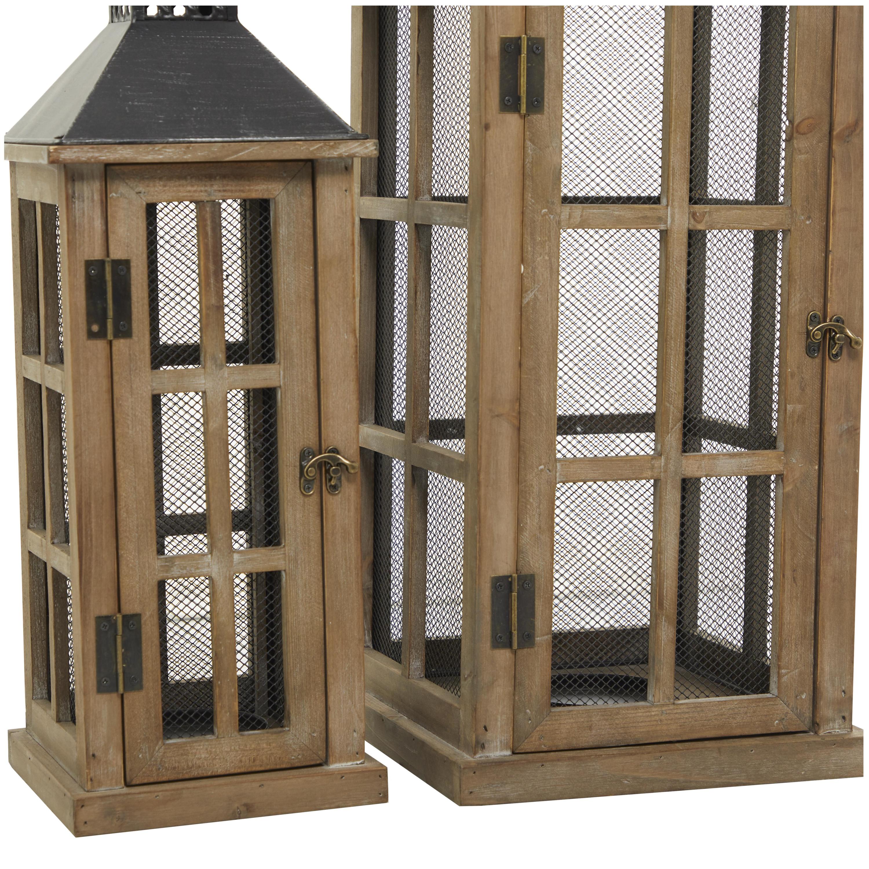 DecMode 2 Holder Brown Wood Lighthouse Style Decorative Candle Lantern, Set of 2