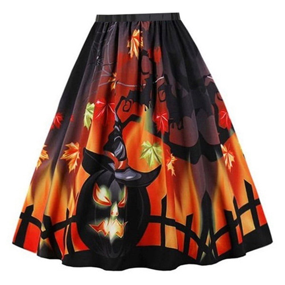 NREALY New Womens Casual Retro Halloween Printing Evening Party Skirt Swing Skirts