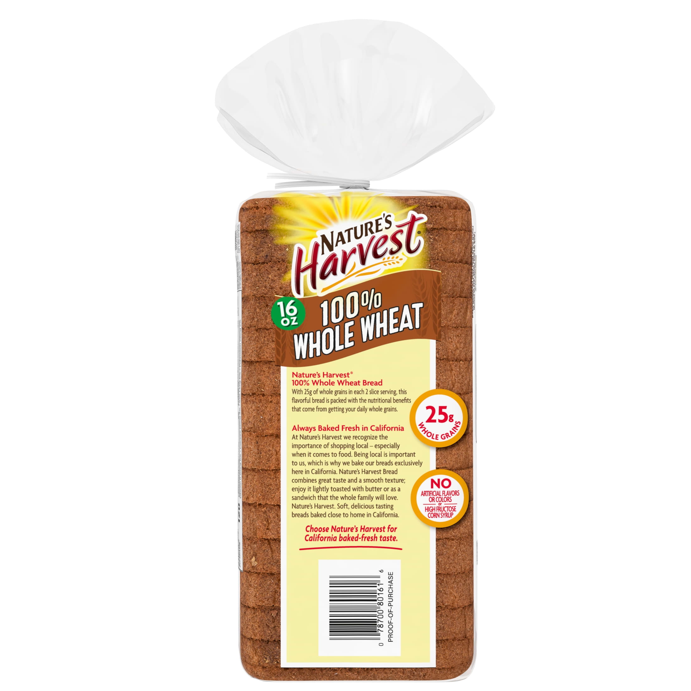 Nature's Harvest 100% Whole Wheat Bread, 16 oz, Wheat Bread, Bag