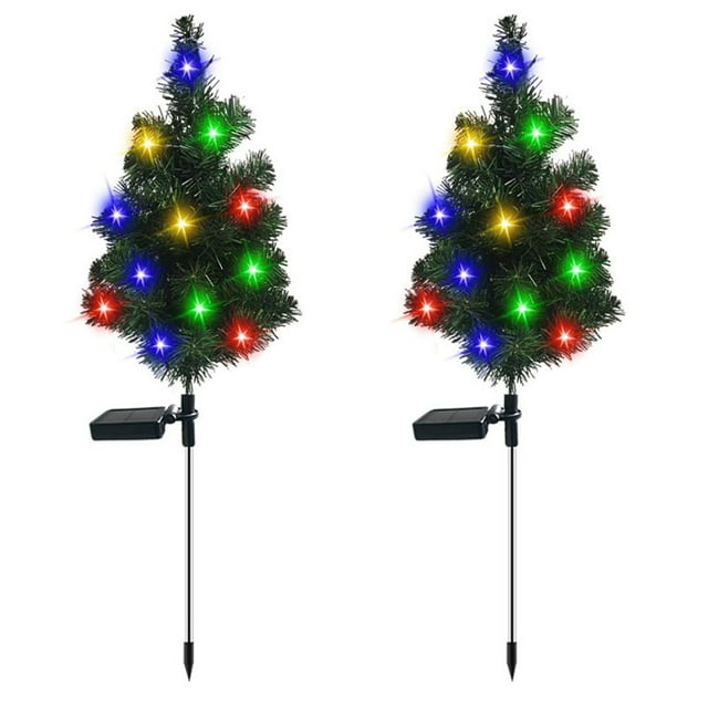 RXIRUCGD Christmas Lighted Solar Stake Lights, Outdoor Solar Powered LED Christmas Tree Yard Signs, Light Up Pathway Lights with Multicolor LED Garden Stakes Lawn Ornament, Set of 2