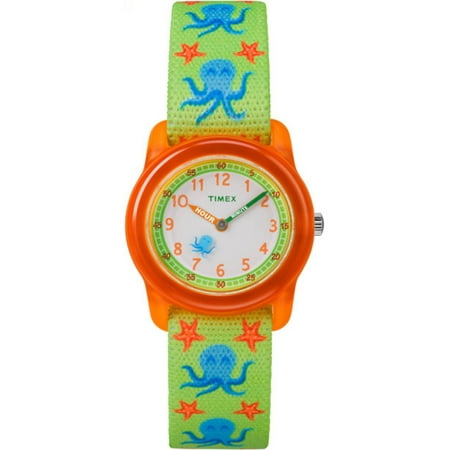 Boys Time Machines Green/Orange Octopus Watch, Elastic Fabric