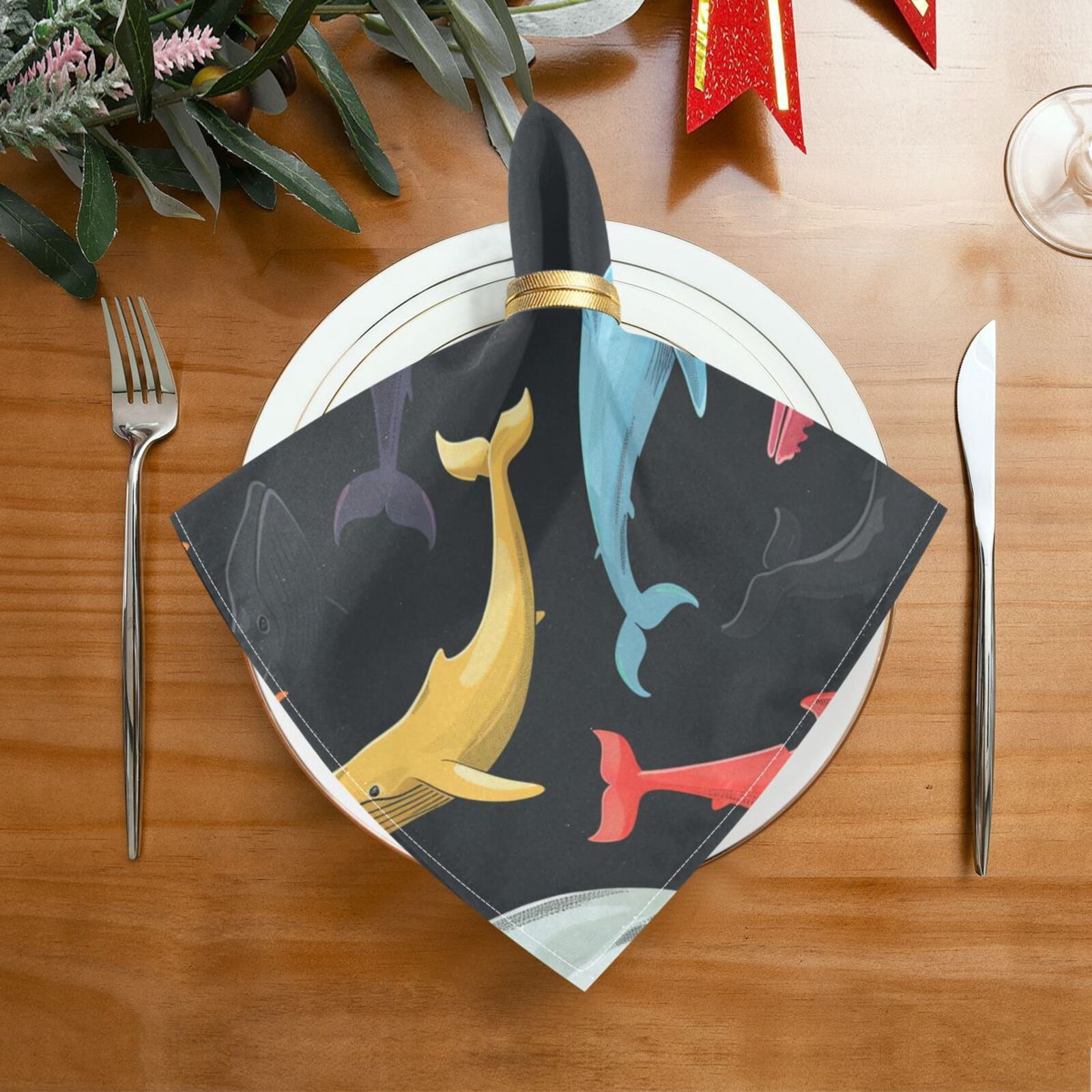 JSTEL Colorful Whale Cloth Napkins Set of 6, 20x20 Inch Washable and Reusable Napkin for Decoupage Dinner Party Everyday Use