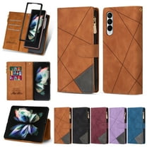Dteck Wallet Case for Samsung Galaxy Z Fold 4,Magnetic Leather 9 Card Slots Zipper Purse Flip Case Shockproof PC Kickstand Lanyard Strap Wristlet Phone Cover,Brown