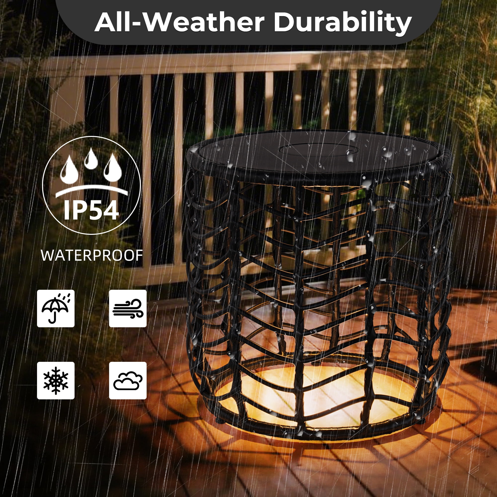 EVERITE Outdoor Side Table Modern Boho Style with Built-in Solar Lights Wave Wicker End Tables Set of 2,Black