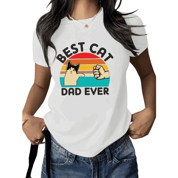 White Funny Cat Dad Retro Cat Trendy Tshirt Printed Tees Shirts Cat Lover Gift Vintage Cat Owner Fathers Day Casual Wear S-5XL Tops
