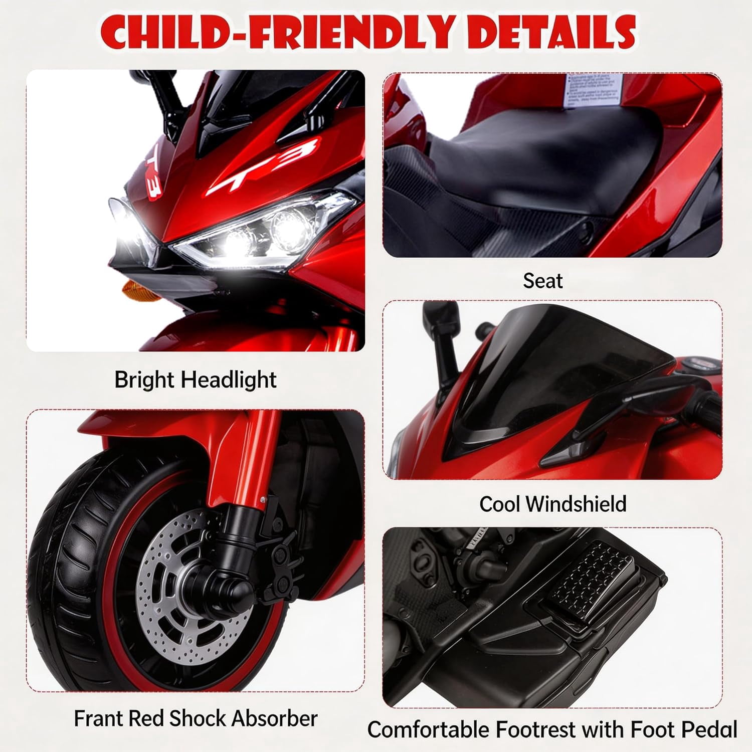 ZOGYMOZ Kid Motorcycle,12V Kids Electric Motorcycle with Training Wheels,Ride On Motorbike, Speed by Hand, Music Function, Max Load 88LB (Red)