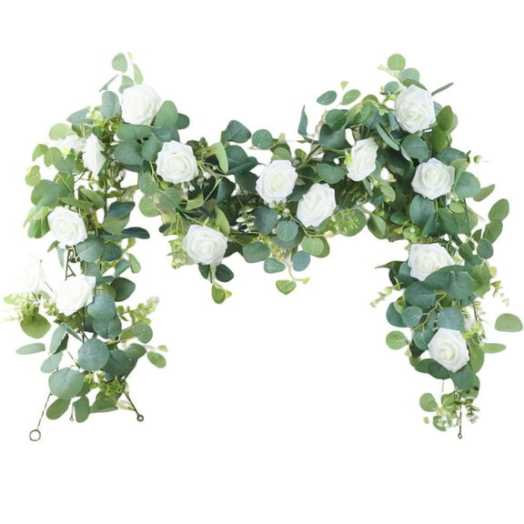 1pc/3pcs, 70'' Long Faux Eucalyptus Garland With White Rose Flowers, 5.9FT/180cm Silvery Dollar Eucalyptus Leaves Gypsophila Garland, Artificial Greenery Vines For Wedding Party Mantle Table Runner