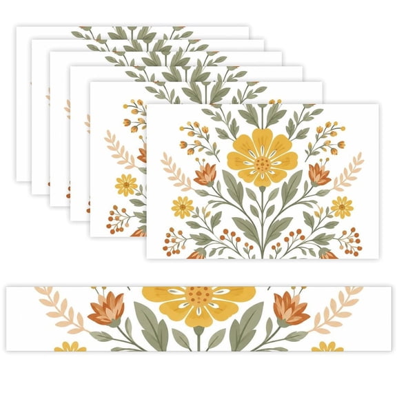 7 Piece Linen Table Runner and Placemats Set, Golden Floral Spray Round Corner Heat Resistant Washable Table Mats for Home Kitchen Dining Party Decoration