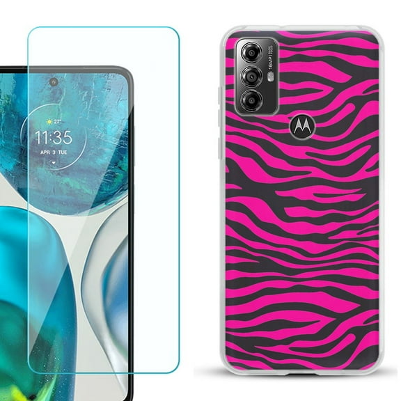 OneToughShield ® for Motorola Moto G Play 2023 Shockproof Fashion Phone Case, with Tempered Glass Screen Protector - Zebra Pink