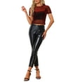 thumbnail image 2 of INSPIRE CHIC Women's Mesh Semi Sheer Short Sleeve Metallic Shiny Cropped Top XS Red, 2 of 4