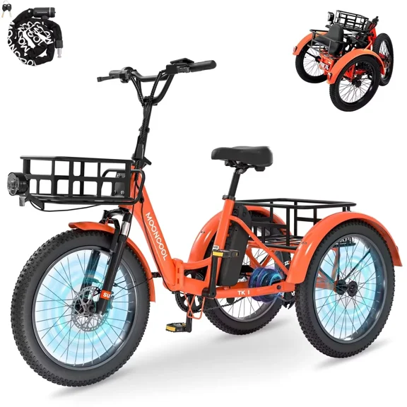 MOONCOOL TK1 Folding Electric Tricycle for Adults,48V 14.5Ah Removable battery, Peak1000W Motor, 20" Fat Tire Step-Thru 3 Wheel Electric Bicycle W/ chain lock