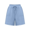 thumbnail image 4 of Women's Summer Cotton Linen Blend Solid Color Bermuda Shorts Elastic Waist Drawstring Side Pockets Casual Light Blue, 4 of 5
