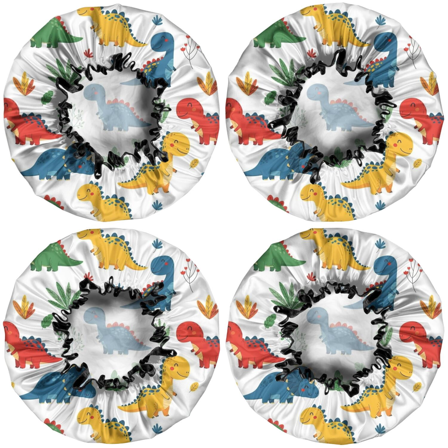 Shower Caps,Colorful Dinosaur and Leaf Pattern Waterproof Shower Cap for Women 4 Pieces,Double Reusable Hair Cover for Shower PEVA Elastic Stretch Hem