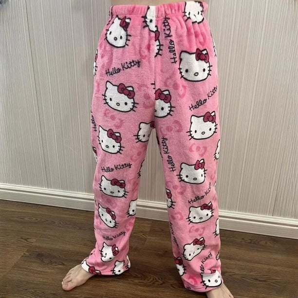 Sanrio-Pijama de franela de Hello Kitty para mujer, pantalones informales de lana cálida para el hogar, con dibujos animados, color rosa, para Navidad y Halloween, Otoño e Invierno xuanjing unisex