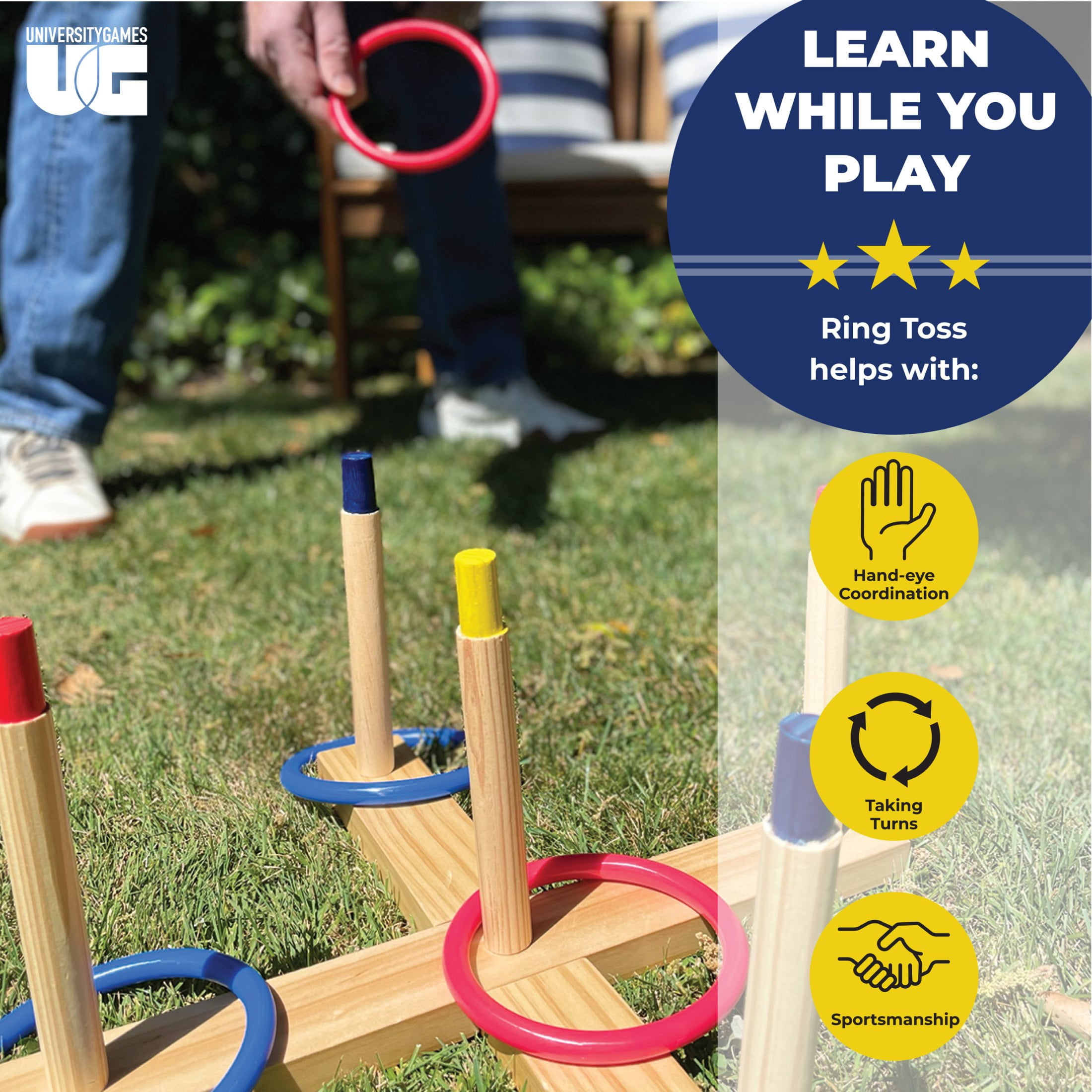 Gamie Ring Toss Game for Kids, Set Includes 2 Stakes and 4 Star Rings,  Classic Outdoor Games for Adults and Family, Lawn, Backyard, and Beach  Games