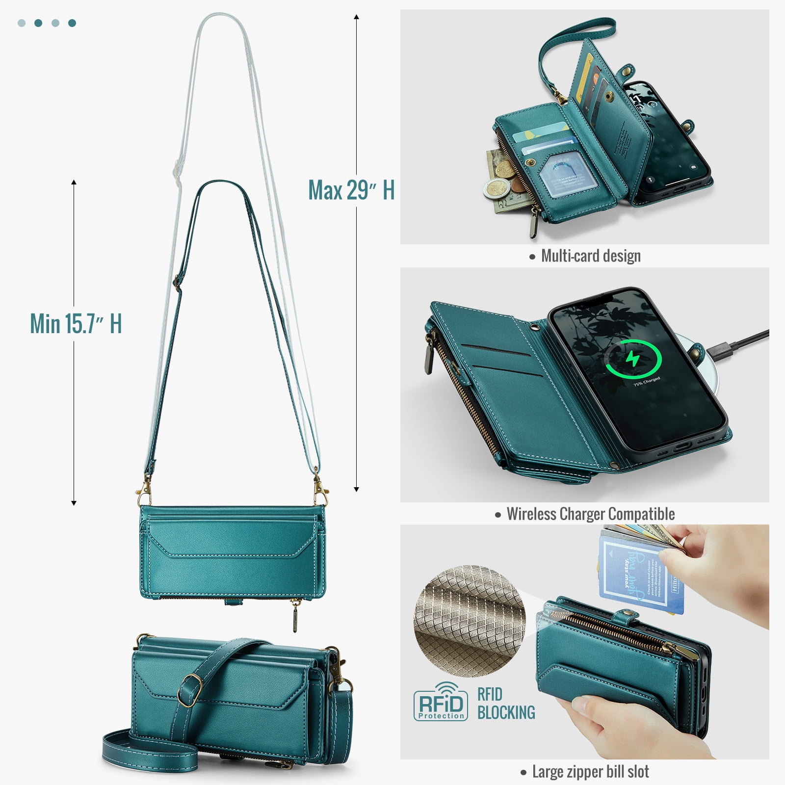Compatible with iPhone 16e/SE 2025/SE 4 Zipper Wallet Phone Case Tempered Glass Screen Protector Crossbody Lanyard Strap Flip Card Holder Slot Cell Cover for i Phone16e i16e 16 e SE4 Women Green