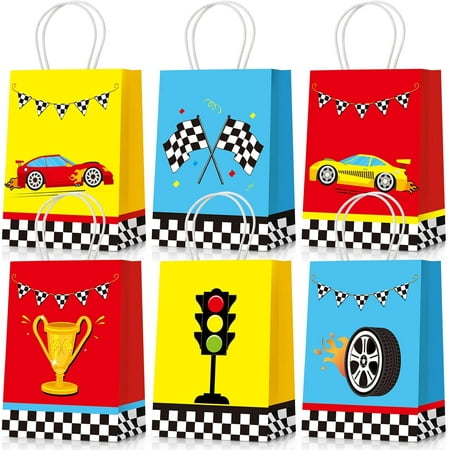 24 Pieces Race Car Party Favor Bags Car Birthday Party Supplies Goodie Gift Treat Bags with Handles for Checkered Flag Race Theme Two Fast Birthday Decorations Boy Gifts