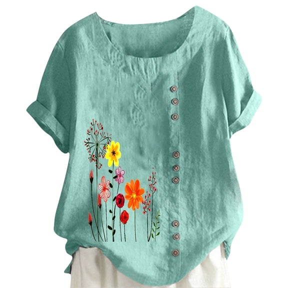 T Shirts For Women Womens Tops Cotton Linen Tops For Crewneck Roll Up Short Sleeve Tshirt Trendy Floral Print Casual Loose Fitted Blouse